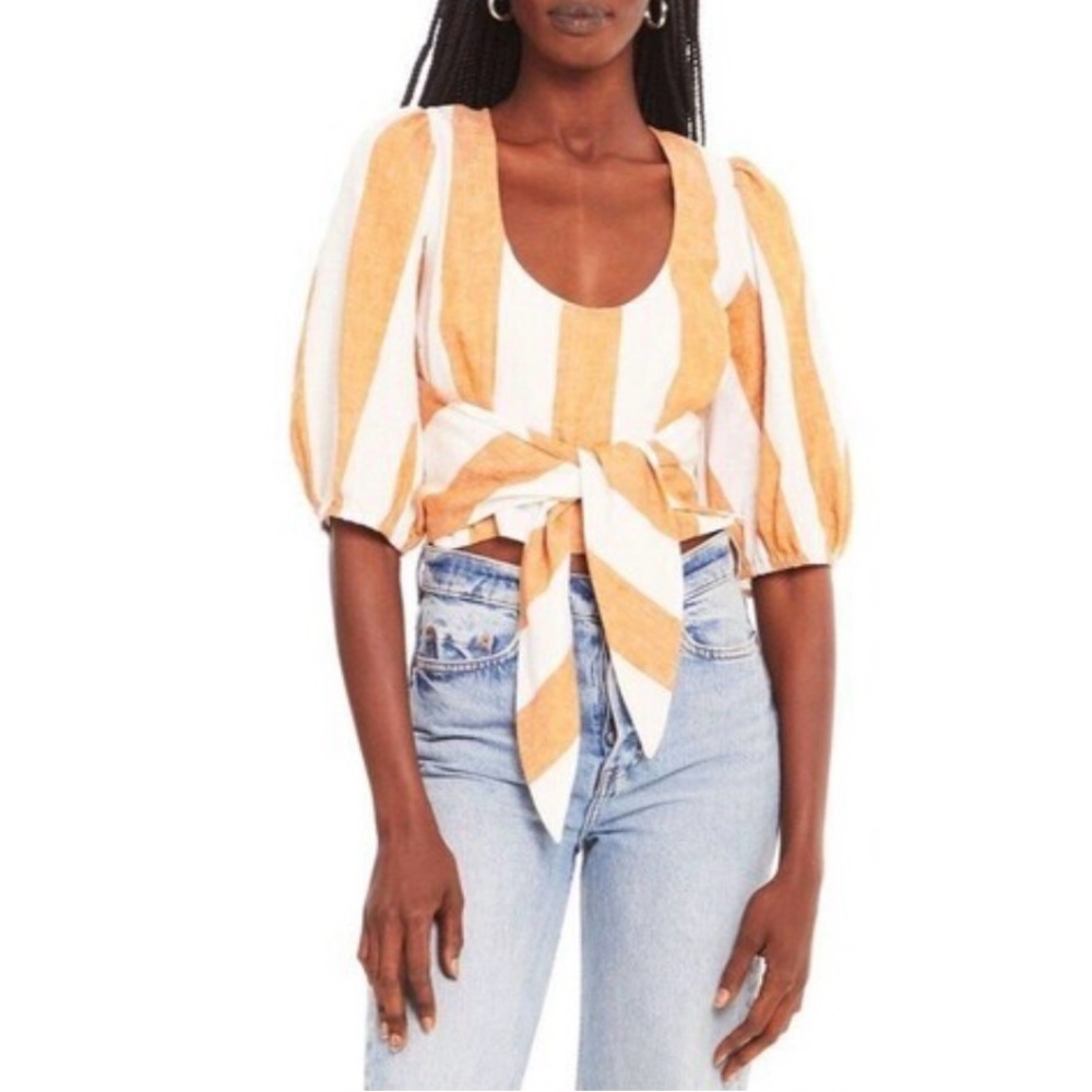 Amanda Uprichard Gloria Linen Orange White Striped Tie Top Puff Sleeve Boho Y2K